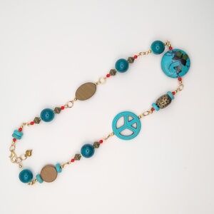 Handmade Ceramic, Fossilized Wood, Czech Glass Brass Tone Necklace 16"